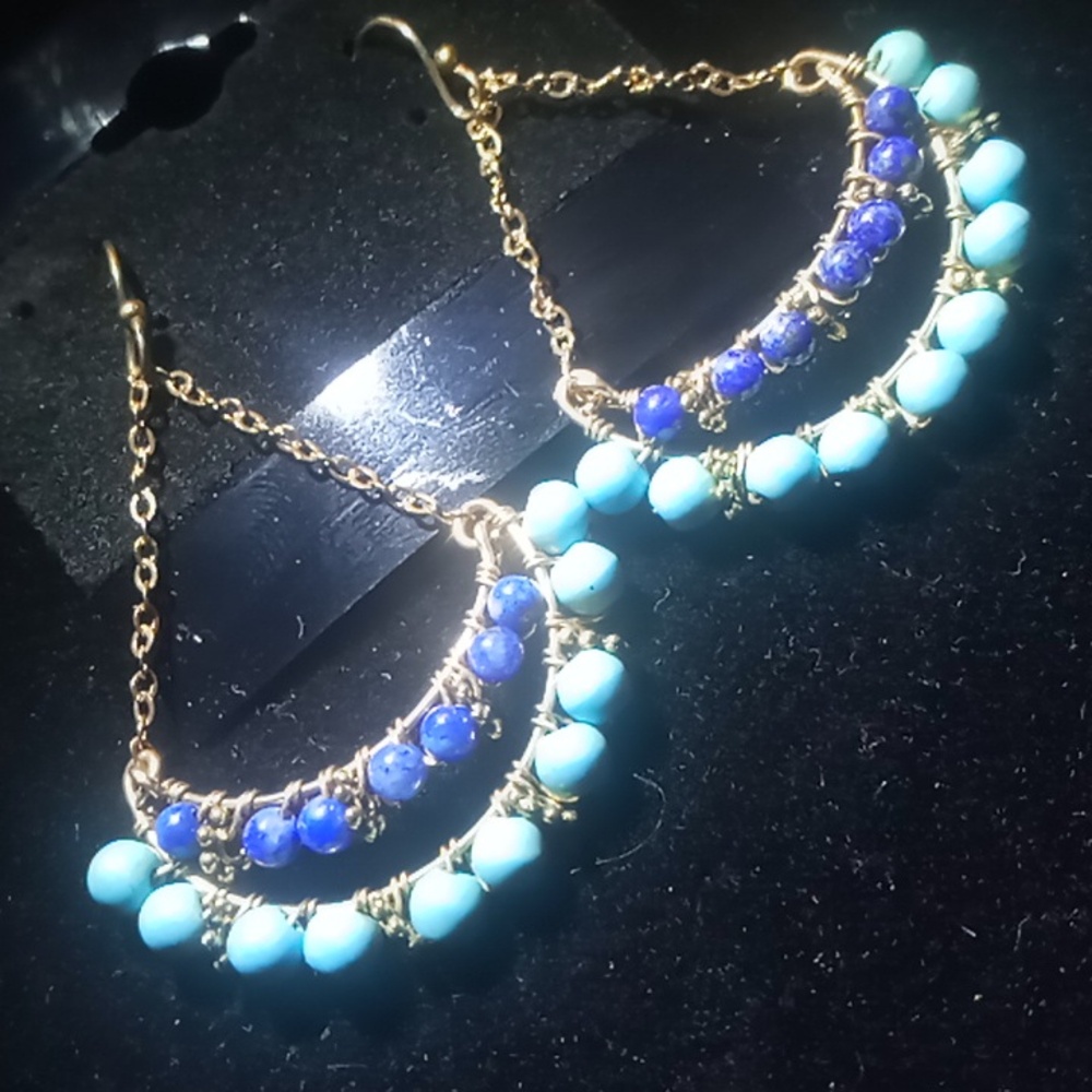 Turquoise & sodalite dangle earrings chain hung on hooks